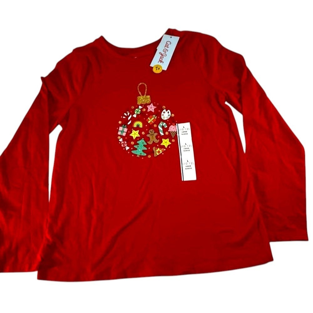 NWT Cat & Jack Red Girls' Top with Gold Accent Long Sleeve Shirt Size Large New